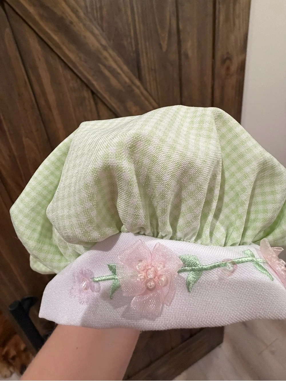 VINTAGE Green Gingham Baby/Child Bonnet with Pink Floral Embroidery